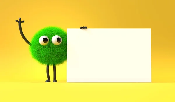 Cute Monster Holding Blank Sign Colorful Cartoon Character Empty Banner Лицензионные Стоковые Фото