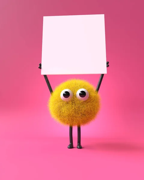 Cute Monster Holding Blank Sign Colorful Cartoon Character Empty Banner Лицензионные Стоковые Изображения