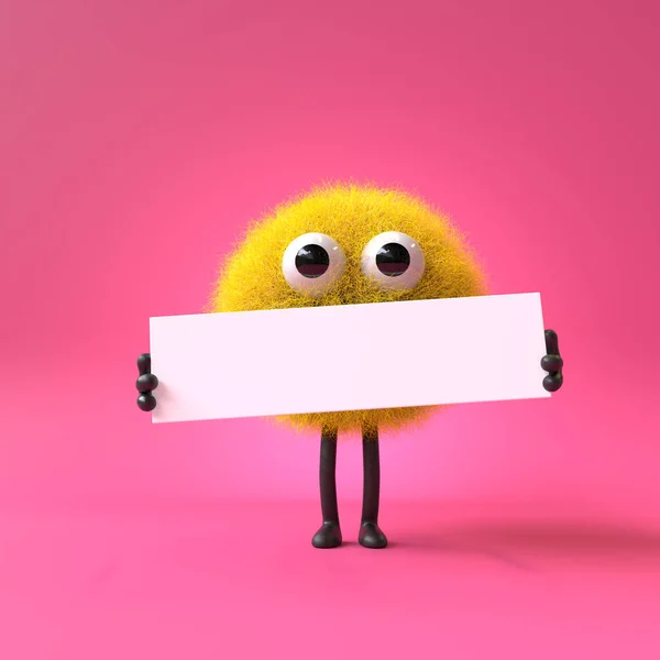 Cute Monster Holding Blank Sign Colorful Cartoon Character Empty Banner Стоковое Фото