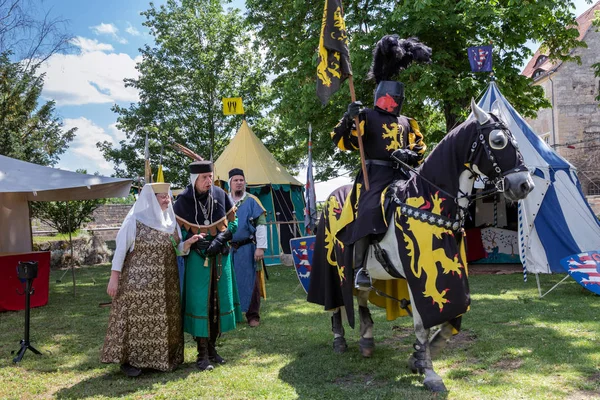 Knight on horseback with escort — Stock Photo, Image