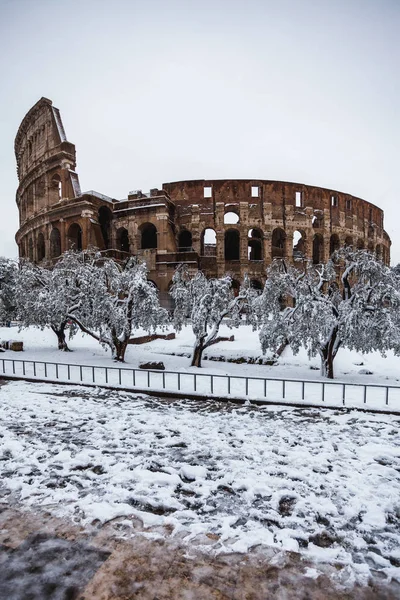 2018 イタリアのローマで雪の素敵な一日 雪の下コロッセオの美しい景色 — ストック写真