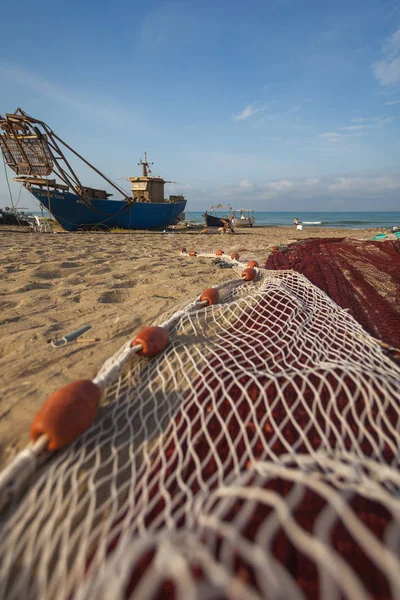 Une Vue Filet Pêche Face Bateau Sur Plage Belle Mer — Photo