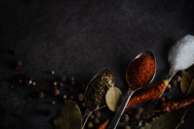 Baharatlar biber tuz siyah bir arka plan üzerinde bir çay kaşığı yakın çekim otlar kurutulmuş