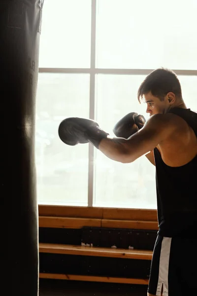 Side view of sweaty young boxer in sports gloves punching heavy boxing bag in gym