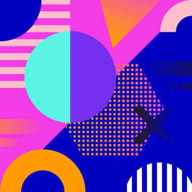 Geometrik arka plan. Memphis tasarımı. Serin kapak tasarımı. Soyut Kompozisyon vektör çizim şekilleri..