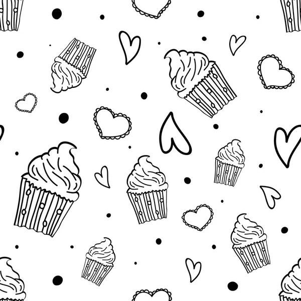 Hand Drawn Seamless Pattern Cupcakes Hearts Dots Party Background Vector — Stock Vector