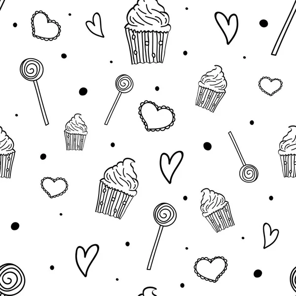 Güzel desen. Şekerler, kekler ve kalplerle kusursuz bir düzen. El çizimi parti geçmişi. Vektör illüstrasyonu.
