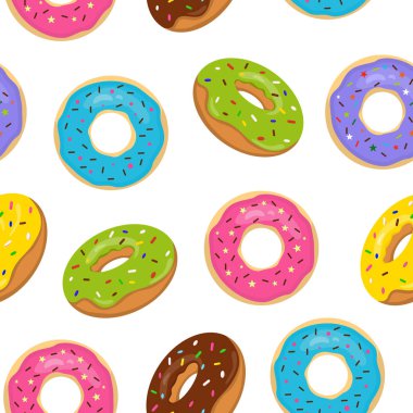 Renkli jöleli donutlarla mükemmel bir desen. Beyaz arka planda serpiştirilmiş tatlı fırın.