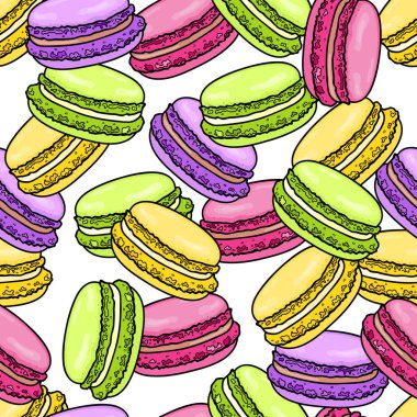 Makarnanın dikişsiz deseni. Eskiz tarzında tatlı Fransız makaronu arka planı. Vektör illüstrasyonu.