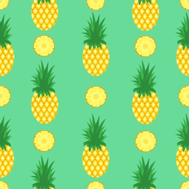 Nane yeşili arka planda ananas ve ananas dilimleri olan kusursuz bir desen. Ananas arkaplanı. Parlak tropik meyve çizimi.