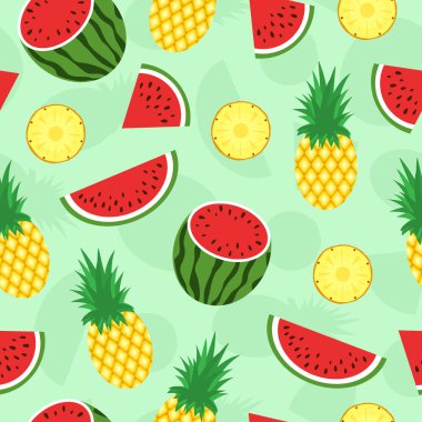 Tropikal meyveli kusursuz desen. Ananas ve karpuz arka planı. Tişört tekstil ambalajı için vektör tasarımı.