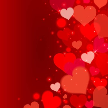 Kırmızı kalpleri ve ışıkları olan aşk arka planı. Sevgililer Günü geçmişi. Vektör illüstrasyonu.