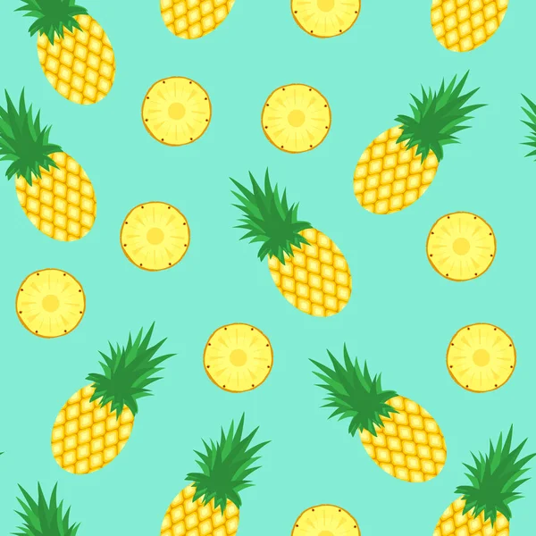 Naadloos Patroon Met Ananas Ananas Schijfjes Ananas Blauwe Achtergrond Heldere — Stockvector