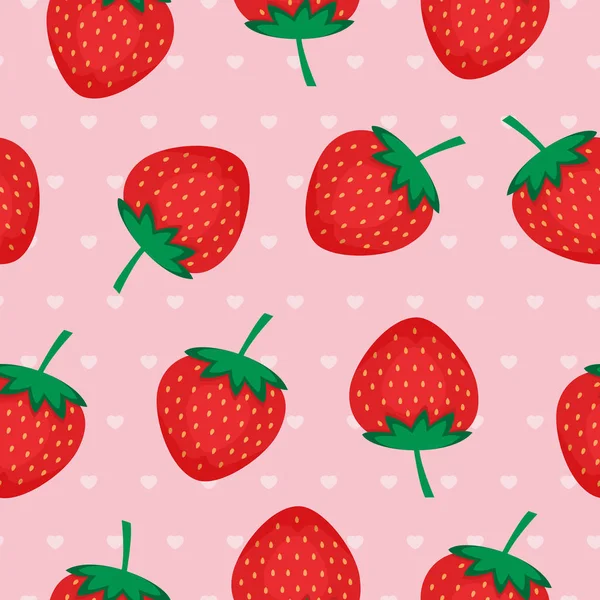 Kırmızı çilekli, kusursuz bir arka plan. Pembe arka planda kalpli çilek deseni. Duvar kağıtları, web sayfaları, dokular, tekstil için tasarım.