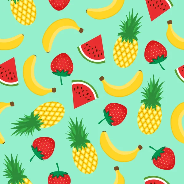 Naadloos Patroon Met Gele Bananen Ananas Watermeloen Aardbeien Muntgroene Ondergrond — Stockvector