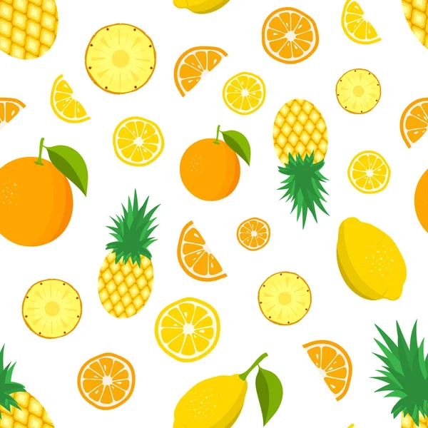 Patrón Frutas Tropicales Fondo Color Con Limón Piñas Naranjas Ilustración — Vector de stock