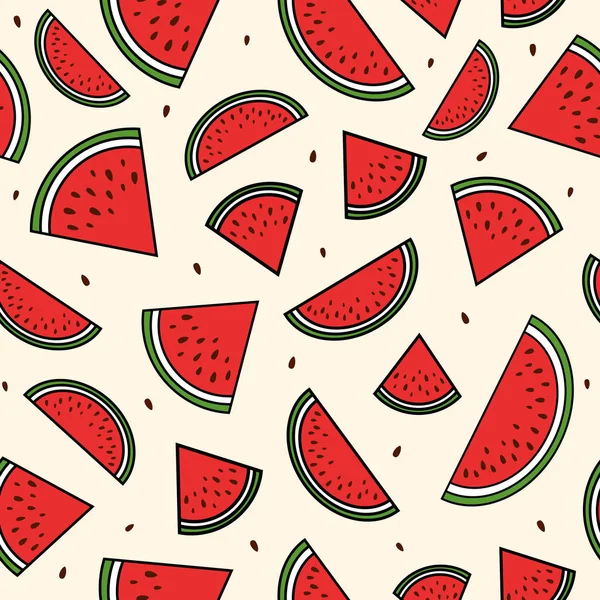Rode Plakjes Watermeloen Naadloos Patroon Zomer Achtergrond — Stockvector