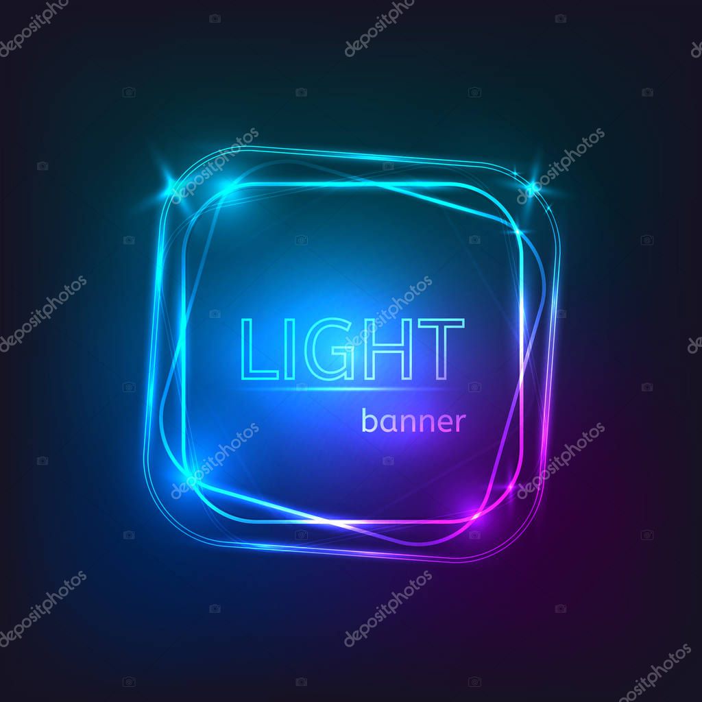 Light square banner. Square frame with glowing and lights. Bright banner design on dark backdrop. Neon abstract background with flares and sparkles.