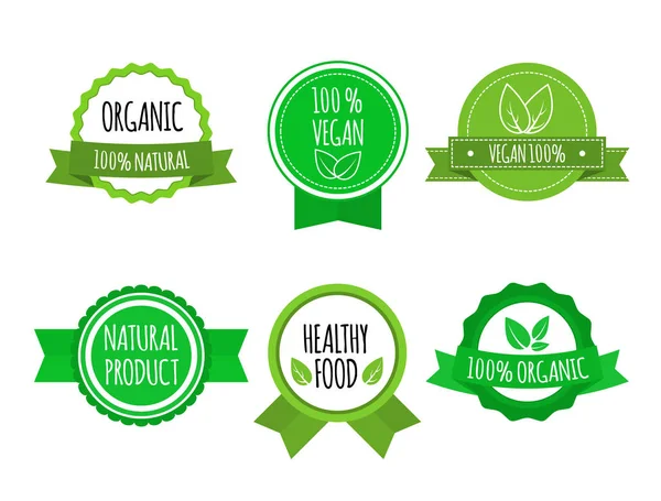 Set Van Bio Gezond Voedsel Badges Witte Achtergrond Vegan Biologische — Stockvector