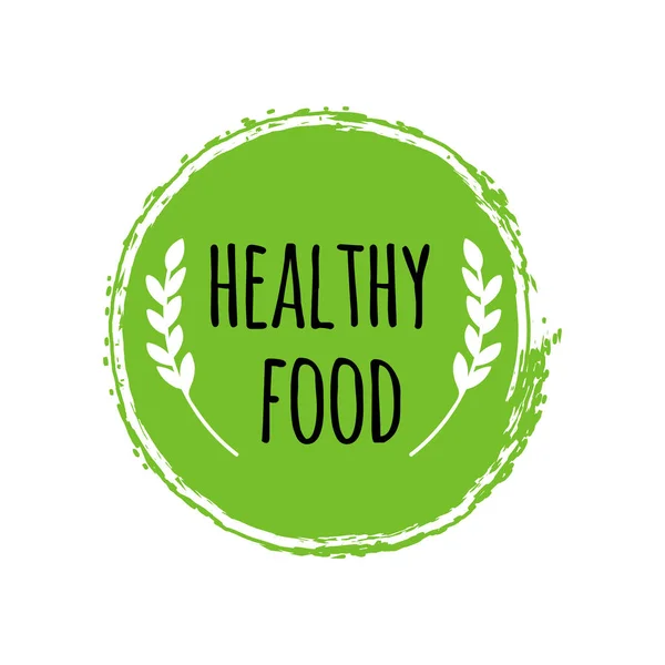 Healthy Food Logo Green Circle Brush Vegan Badge — Stock Vector