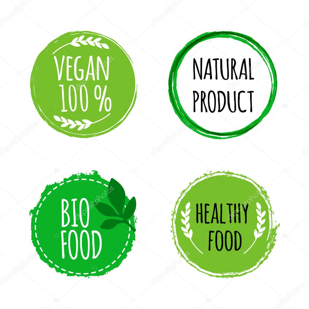 Vegan round logos, badges. Set of hand drawn bio, healthy food badges. Vector illustration.