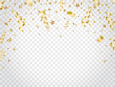 Şeffaf arka planda konfeti ve simler. Düşen parlak altın konfetileri. Parlak, altın renkli, gösterişli süsler. Parti arkaplanı. Noel, doğum günü ve düğün için özel tasarım öğeleri. Vektör illüstrasyonu