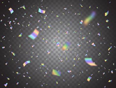Şeffaf arka planda holografik parlak konfeti düşüyor. Arıza etkisi. Gökkuşağı süslemesi. Folyo hologramı. Noel, doğum günü, düğün için rengarenk süslemeler. Vektör illüstrasyonu