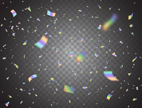 Şeffaf arka planda holografik parlak konfeti düşüyor. Arıza etkisi. Gökkuşağı süslemesi. Folyo hologramı. Noel, doğum günü, düğün için rengarenk süslemeler. Vektör illüstrasyonu