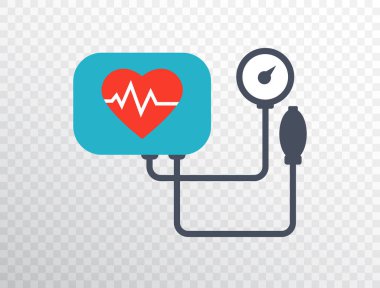 Kalp basıncı ikonu düz stil. Arteriyel tansiyon kontrolü konsepti. Tansiyon ölçer şeffaf arkaplanda izole edilmiş. Tıbbi muayene. Sağlık hizmetleri. Kalp testi. Vektör illüstrasyonu