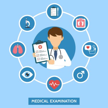 Bilgi işleme elementleri içeren sağlık hizmetleri kavramı. Tıbbi muayene. Doktor ve tıbbi testlerle dolu bir pankart. Online doktor teşhisi. Hastane ekipmanları. Vektör illüstrasyonu