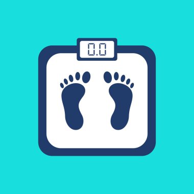 Mavi arka planda izole edilmiş ayak izi ve elektronik ekran olan ağırlık ölçeği. Banyo ölçekleri modern düz stil simgesi. Sağlık hizmetleri. Ağırlık kontrolü, diyet konsepti. Vektör illüstrasyonu