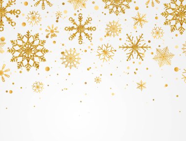 Beyaz zemine düşen altın kar taneleri. Altın kar taneleri farklı süslerle sınırlıdır. Lüks Noel çelengi. Paketler, kartlar, davetiyeler için kış süsü. Vektör illüstrasyonu