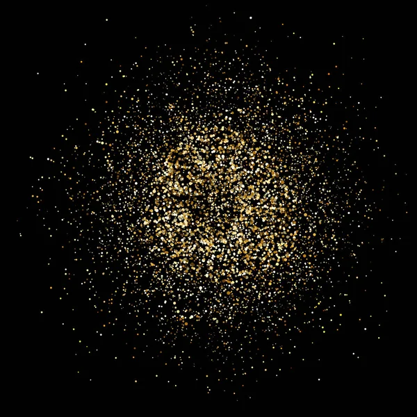 Gyllene glitter explosion. Ljusa dammstänk. Guld glitter partiklar stänk. Mousserande fyrverkeri på svart bakgrund. Vektorillustration — Stock vektor