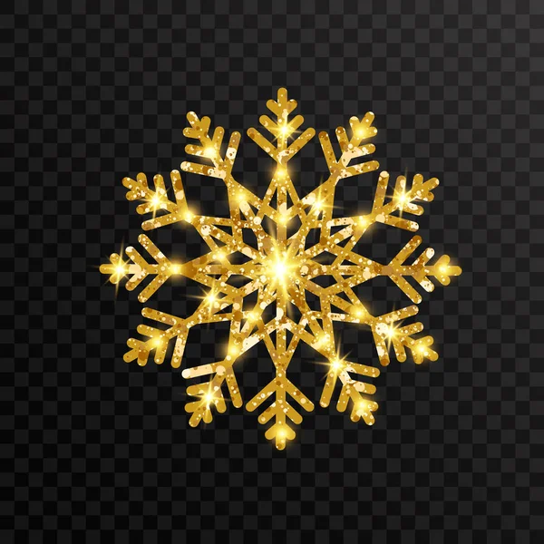 Glitter gouden sneeuwvlokken op transparante achtergrond. Gloeiende gouden sneeuwvlok met glitter textuur. Kerst- en nieuwjaarskaart. Gouden heldere vonken en sterrenstof. Vectorillustratie — Stockvector