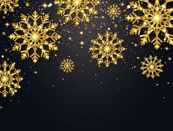 Glitter snöflingor med fallande partiklar på mörk bakgrund. Glänsande guldfärgade snöflingor med stjärndamm. Glittrande snöflinga. Lyx festligt gratulationskort. Elegant juldesign. Vektorillustration — Stock vektor