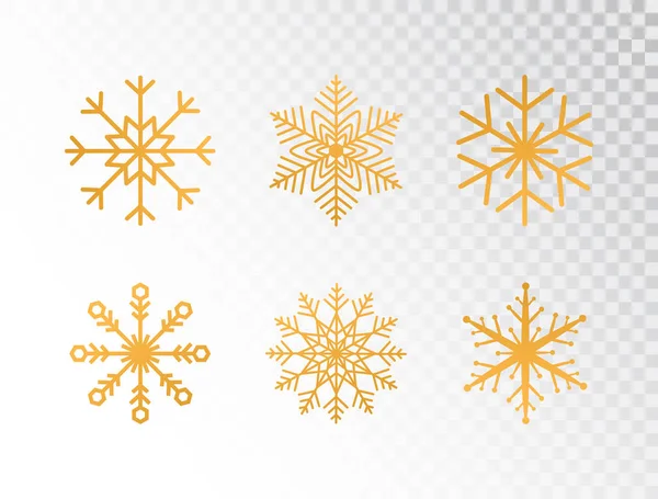 Flocons de neige dorés sur fond transparent. Joyeux Noël et bonne année carte de voeux avec paillettes or flocons de neige. Des éléments de design de vacances de luxe. Illustration vectorielle — Image vectorielle