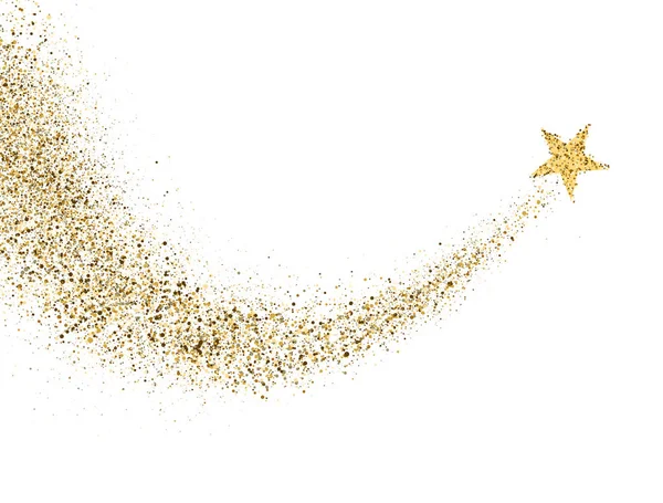 Huella de polvo de estrella con partículas brillantes de brillo sobre fondo blanco. Cola de cometa espacial brillante de oro. Onda cósmica. Estrella dorada brillante con cola de polvo. Fondo festivo. Ilustración vectorial — Vector de stock