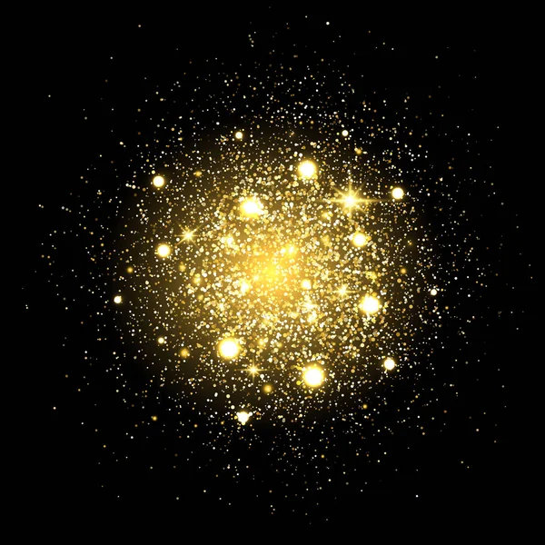 Parıldayan parçacıklar arkaplanı. Altın parıltısı tozu patlaması. Siyah zemin üzerindeki yıldız tozu. Altın parçacıklar sıçrar ya da parıldar. Pırıl pırıl. Işıklar yanar ve parlar. Vektör İllüstrasyonu — Stok Vektör