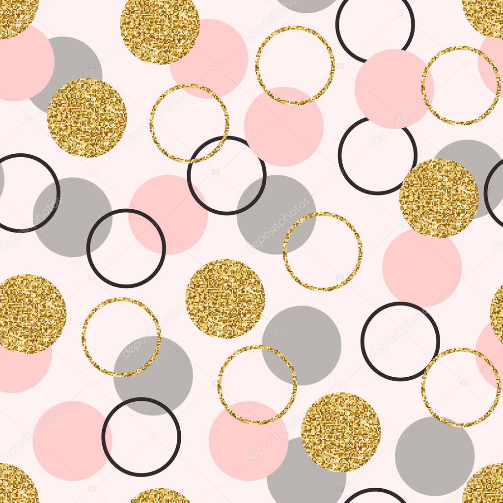 Glitter circle seamless pattern. Golden circles with sparkles and star dust. Wallpaper design with glittering gold, pink, grey circles. Modern abstract background. Vector illustration