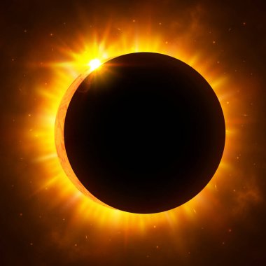 Sun eclipse with corona. Solar eclipse. Bright red star light shine from the edges of a planet. Space background. Vector Illustration clipart