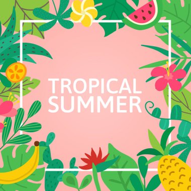 Aloha konsepti. Pembe arka planda elle çizilmiş harfler. Poster, afiş, ilan için tropik yapraklar, meyve ve çiçekler. Beyaz çerçeveli yaz kompozisyonu. Hawaii selamı. Vektör illüstrasyonu