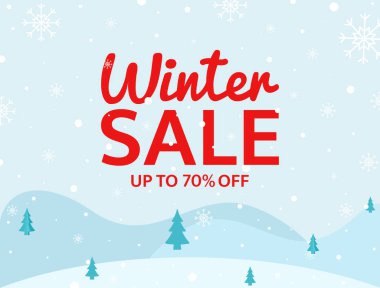 Mavi arka planda kış indirimi afişi. Kar taneleri, kış manzarası ve metinli tatil tasarımı. Özel teklif şablonu. Mevsimlik satış promosyonu. Vektör illüstrasyonu