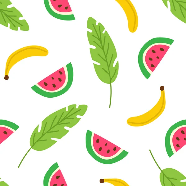 Tropische Früchte und Blätter nahtlose Muster. Sommer Hintergrund mit Wassermelonenscheiben und Banane. Moderne Druckvorlage, Banner. Vektorillustration. — Stockvektor