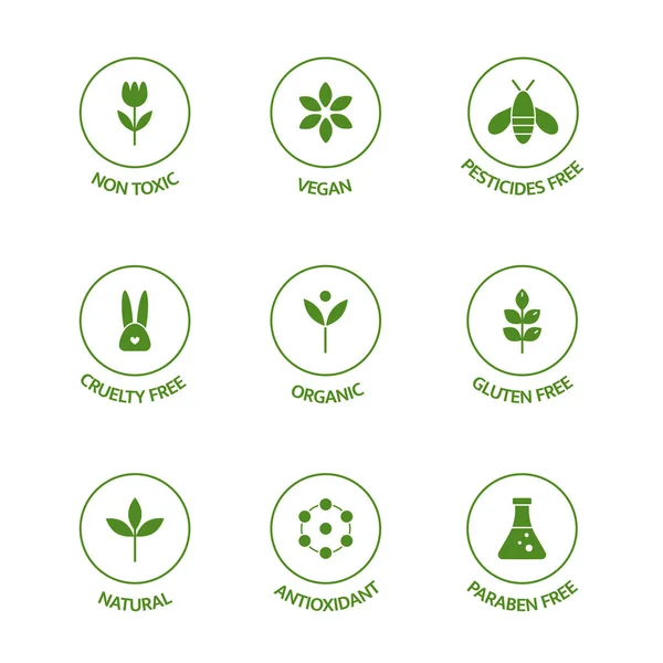 Organic product line icons set. Allergen free badges. Organic cosmetic stickers. GMO free emblems. Dietary food. Natural products. Healthy eating. Vegan, bio food. Vector illustration.