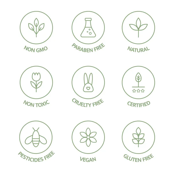 Kolekcja Ekologicznych Odznak Kosmetycznych Zestaw Ikon Linii Produktów Wolnych Alergenów — Wektor stockowy