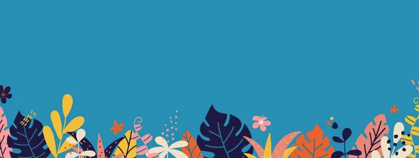 Bordure estivale longue avec des feuilles et des plantes tropicales. Design de couverture. Modèles de médias sociaux. Concept vacances d'été. Décoration couleur pour bannière, affiche, publicité. Illustration vectorielle — Image vectorielle