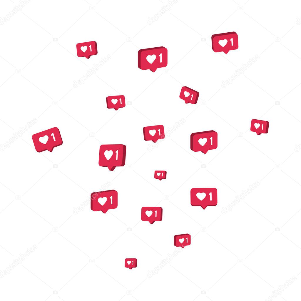 Like 3d icons flying on white background. Comment and follower symbol. Social media elements. Counter notification border. Social network composition. Emoji reactions. Vector illustration.