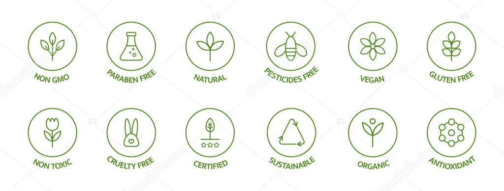 Organic cosmetic line icons set. Product free allergen labels. Natural products badges. GMO free emblems. Organic stickers. Healthy eating. Vegan, bio food. Vector illustration.
