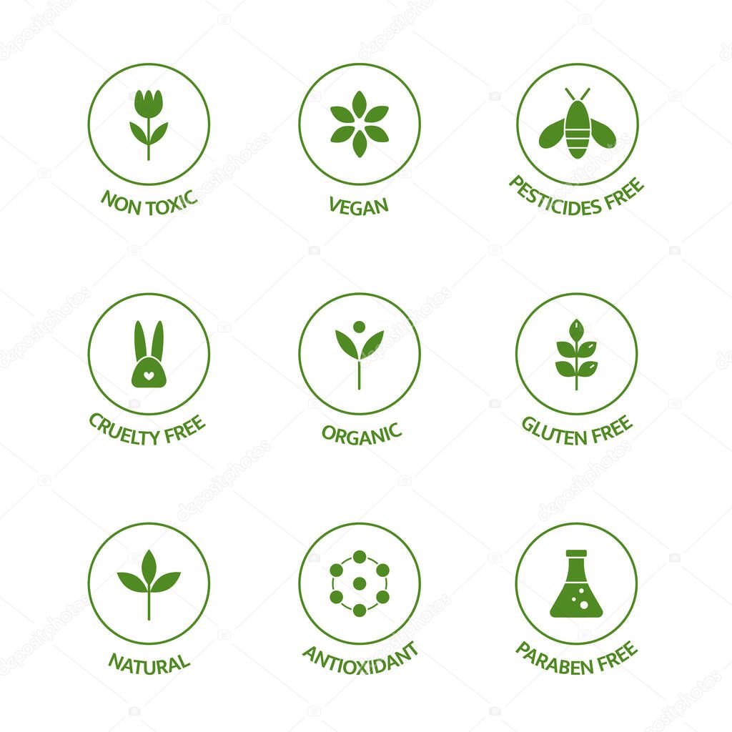 Organic product line icons set. Allergen free badges. Organic cosmetic stickers. GMO free emblems. Dietary food. Natural products. Healthy eating. Vegan, bio food. Vector illustration.