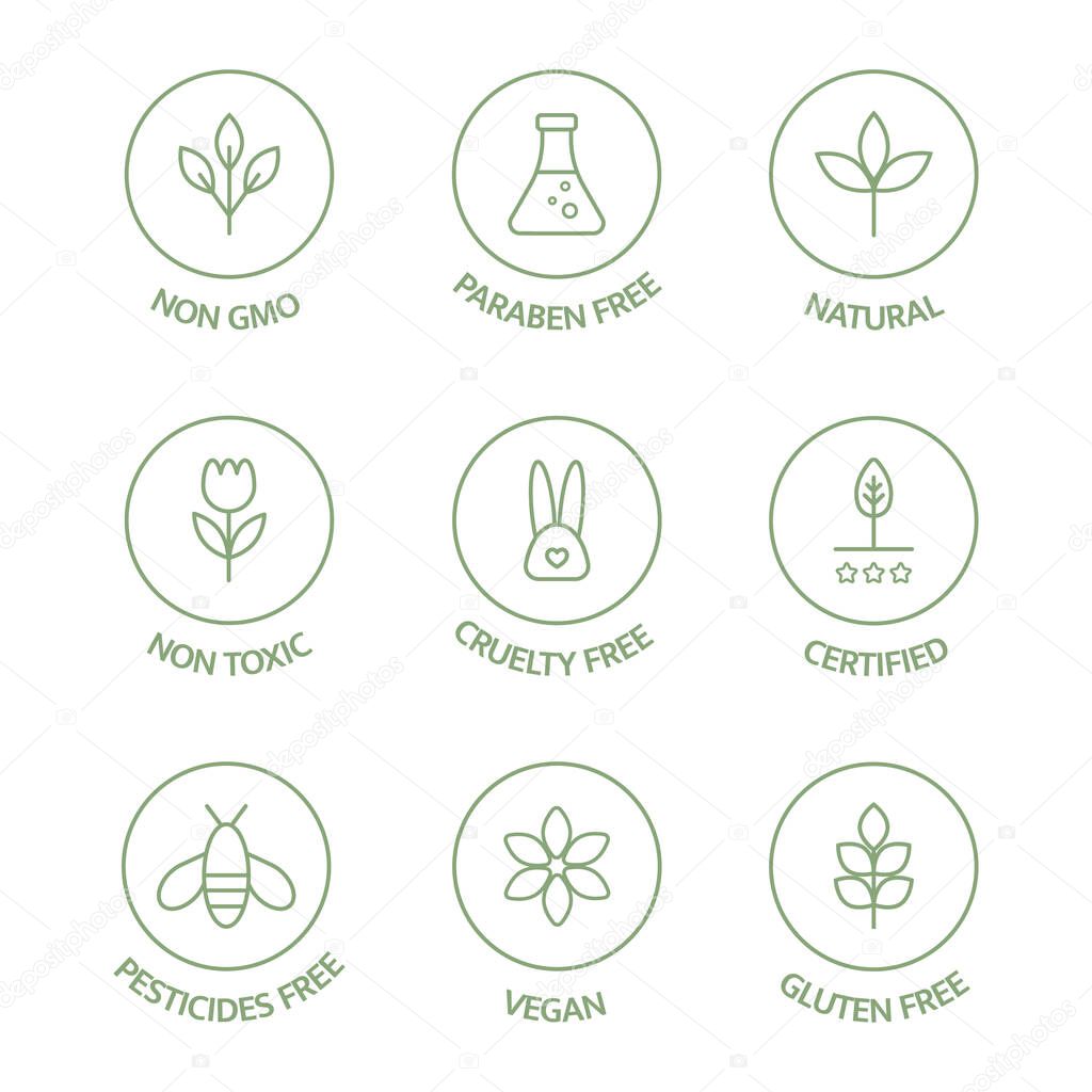 Organic cosmetic badges collection. Product free allergen line icons set. Organic stickers. Natural products labels. GMO free emblems. Healthy eating. Vegan, bio food. Vector illustration.
